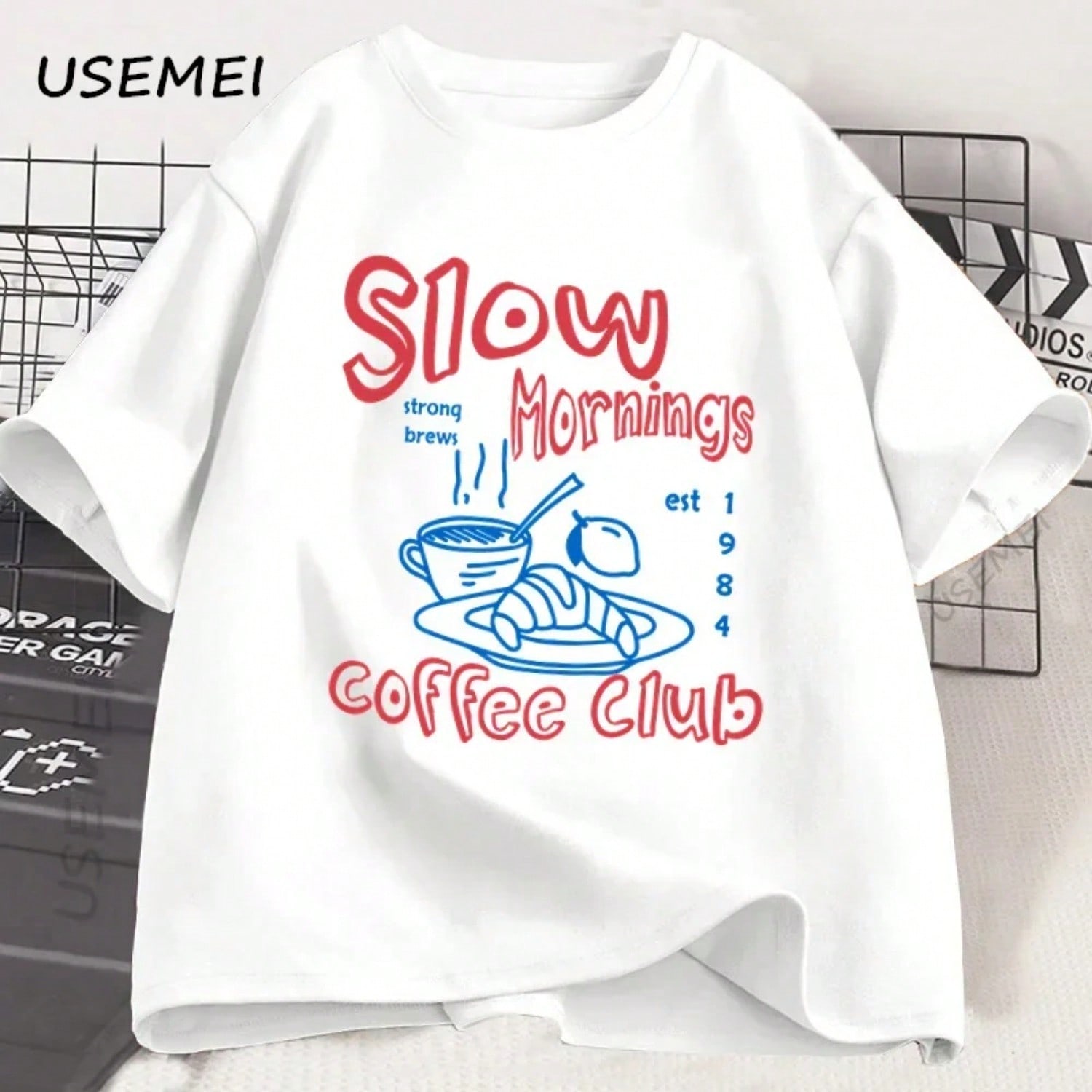 Slow Mornings Graphic Tshirt Coffee Club Tshirt Retro Coffee And Croissant T Shirt Tee Clothing unisex Clothing S разноцветный