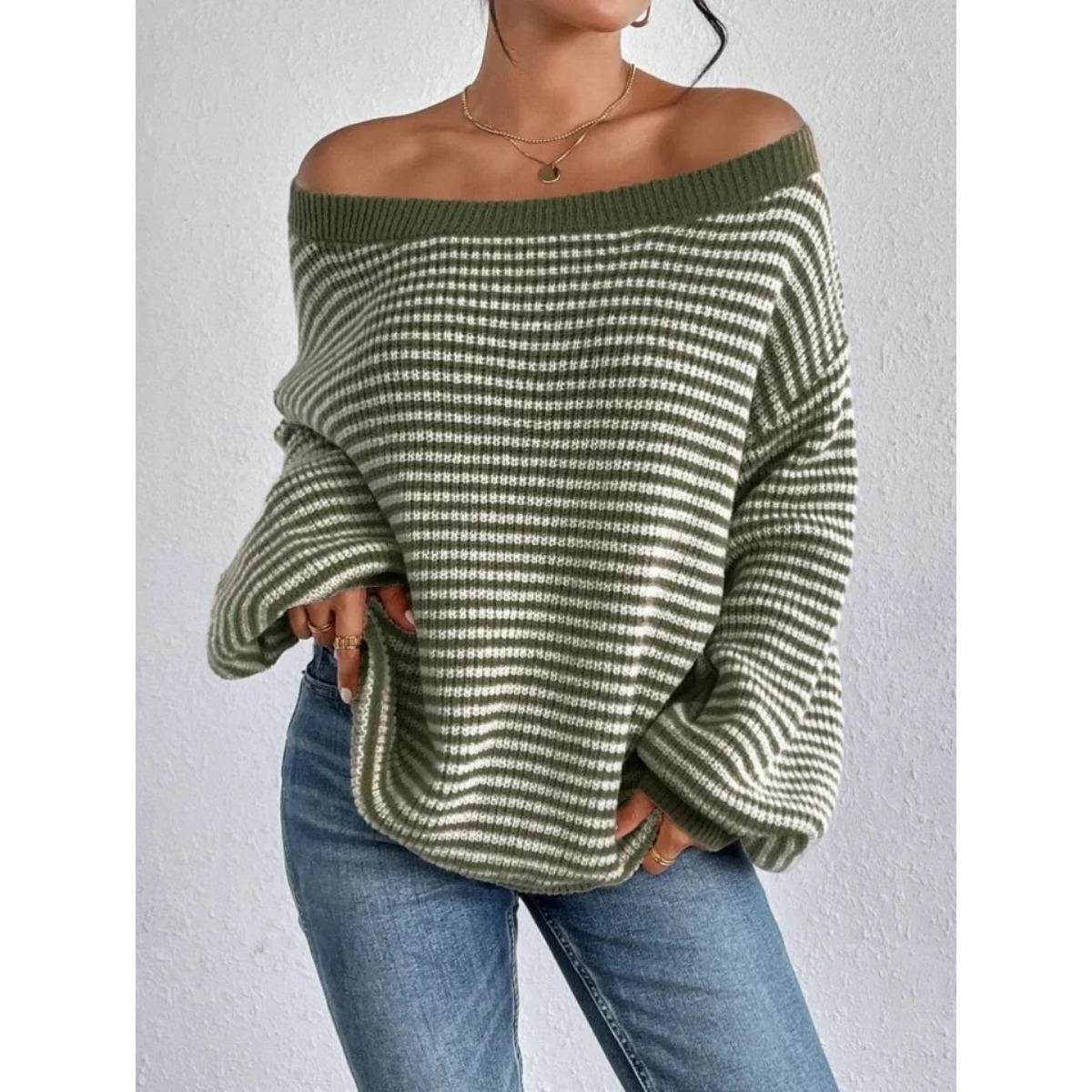 

Versatile Knitted Top One-Row Neck Lace-Up Style Sweater Loose Fit Striped Lantern Sleeve Tops XXL зелений