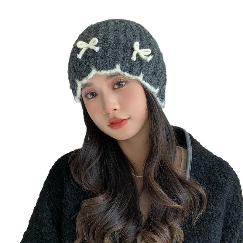Women's Autumn and Winter Sweet and Versatile Bow Knitted Wool Hat Korean Style Big Head Surround Head Hat Warm Cold Hat New