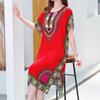 Summer Ethnic Style Women Dress Round Neck Print Contrast Color Geometric Printing Pullover Loose Short Sleeves Midi Dress