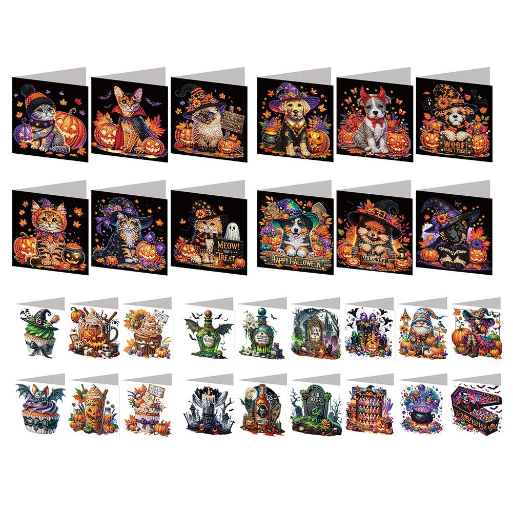 6PCS DIY Diamond Painting Greeting Card Set Halloween Designs Rhinestone Diamond Art Mosaic Postcards for Halloween and Holidays