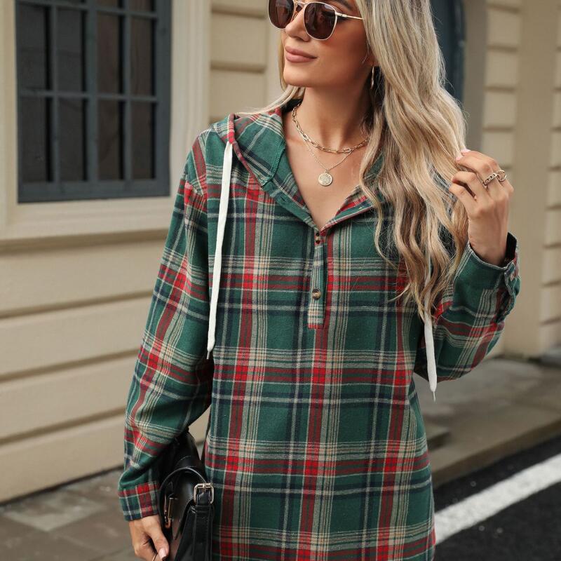 Oversized Hooded Sweatshirt Women with Plaid Pattern & Button Detail, Long Sleeve Casual Pullover for Fall Winter - S to XXL