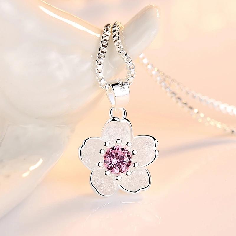 925 Sterling Silver Fashion Cherry Blossom Ladies Pendant Necklaces Female Chain Jewelry Charms for Jewelry Making
