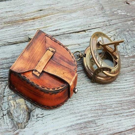 RII Nautical Directional Magnetic Sundial Brass Compass,  Decor Birthday Gifts for Men, Baptism Gifts with Sun dial in Leather Case