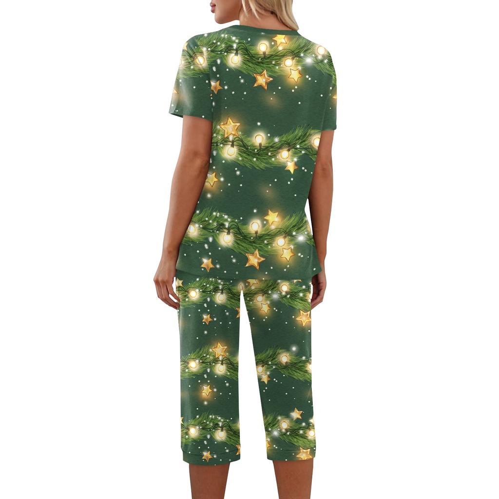 Women's Two-Piece Outfit Set with Christmas Print Short Sleeve Top and Pants