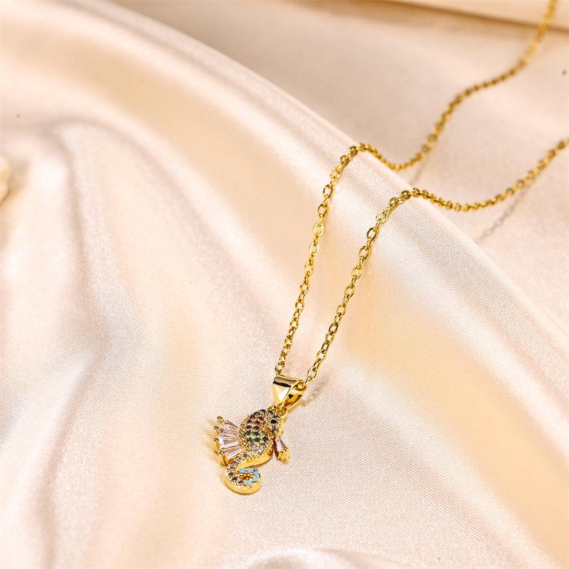18k Gold Seahorse Pendant Necklace with Colorful Zircons - Women's Cute Animal Clavicle Chain