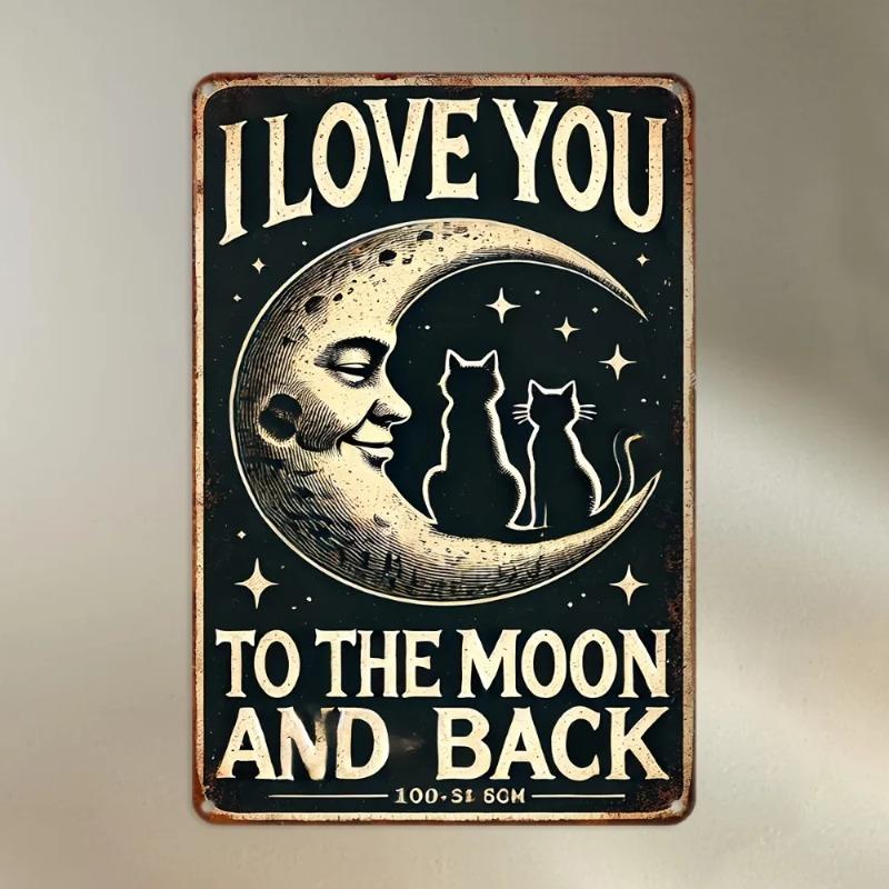 Metal Tin Sign Love Moon and Back Vintage Wall Art Decor Waterproof Pre Drilled Holes