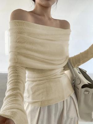 Women Slash Neck Sweater Long Sleeve Knitwear Solid Off Shoulder Autumn Thin Pullovers Office Lady Elegant Tops