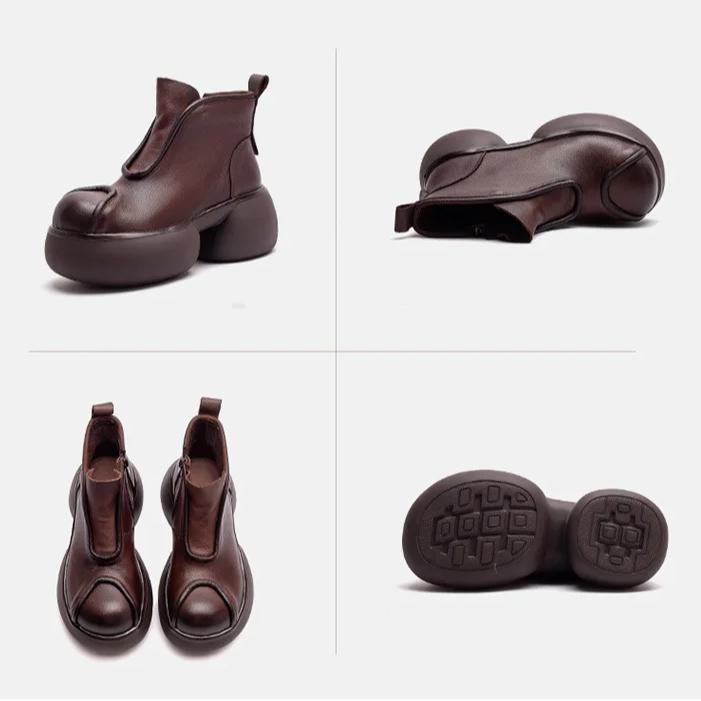 Johnature Damen Stiefeletten mit dicker Sohle, echtes Leder, runde Zehenpartie, handgefertigt, Retro-Plateauschuhe