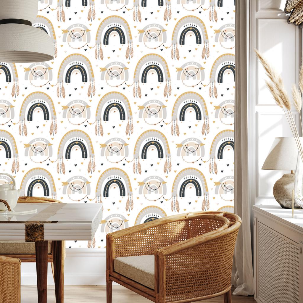 Rainbows and Butterflies Boho Wallpaper, Light Gray and Cream, 50x1000