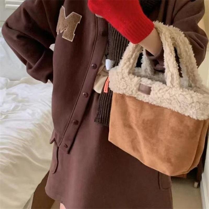 Soft Plush Korean Double-sided Tote Bag Faux Lamb Wool Basket Bucket Design Portable Handheld Shoulder Bag For Women