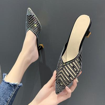 2025 Summer New Rhinestone Pointed Mesh Slippers Korean Version of Cool Slippers 2025 Bag Head Women's Shoes