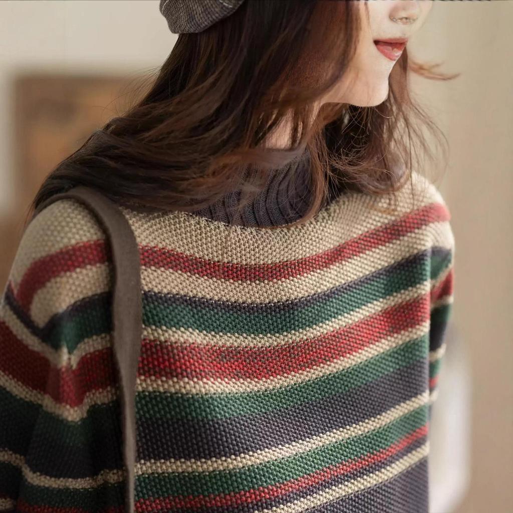 2025 Winter Striped High Neck Wool Knit Top for Women