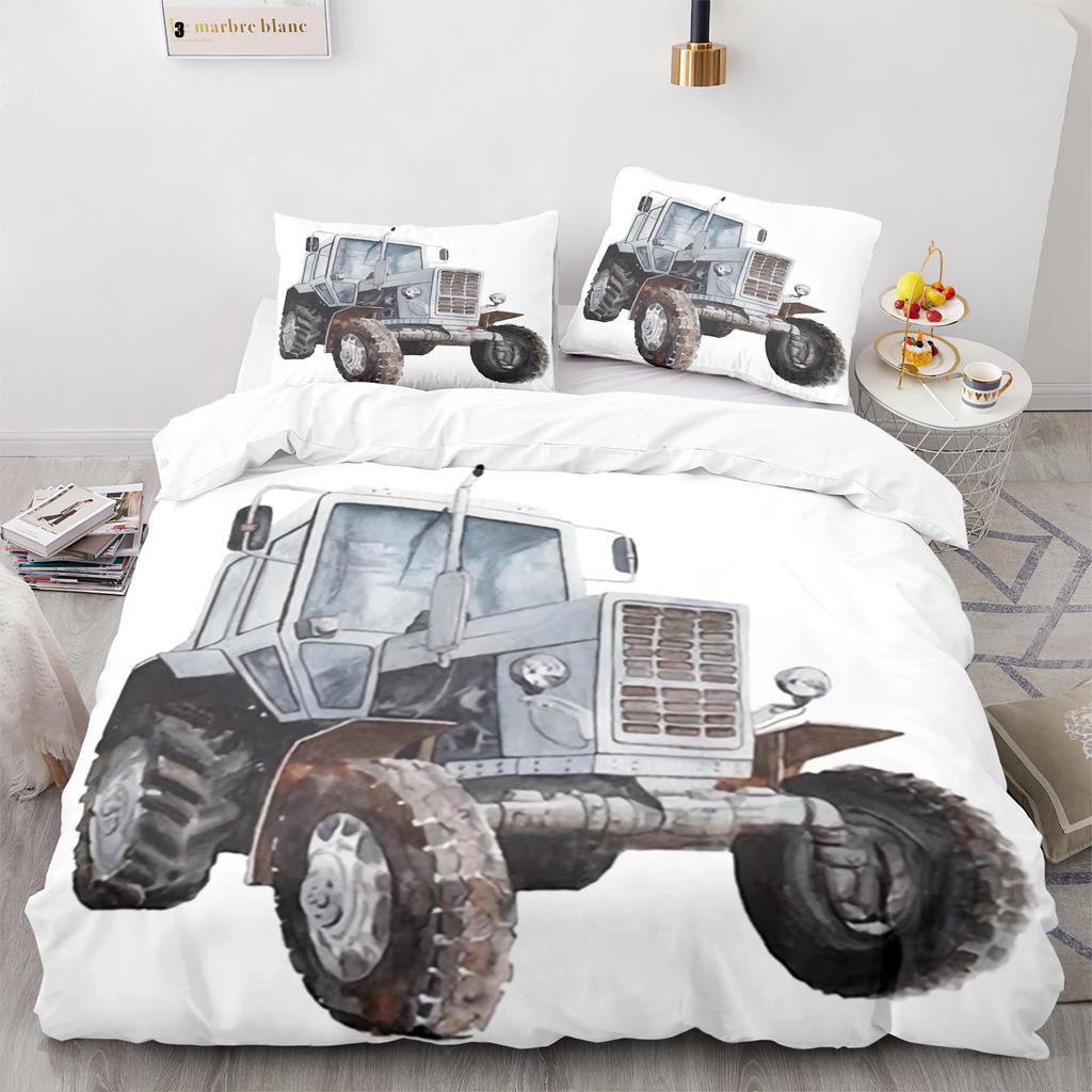 Cartoon Tractor King Queen Duvet Cover Watercolor Style Excavator Bedding Set For Kids Machinery Bulldozer Polyester Quilt Cover