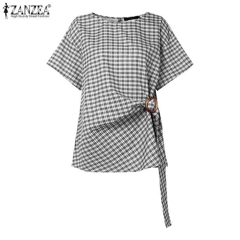 

ZANZEA Женская повседневная блузка с коротким рукавом, боковым перекручиванием и клетчатым принтом S чёрный