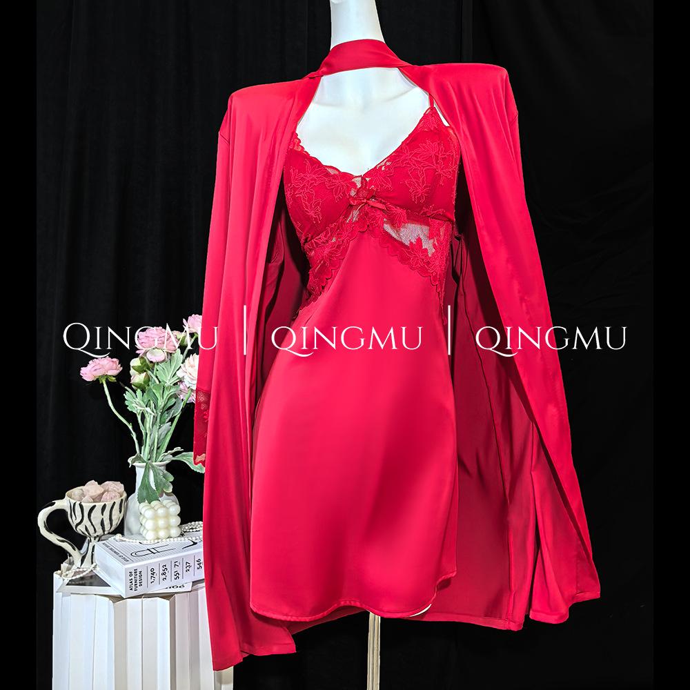 New acetate silk suspender nightgown women's 1011 spring and summer sexy pajamas with chest pads hollow nightgown thin summer