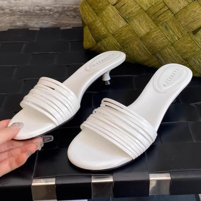 Fashion Comfort Round Toe Kitten Heel Brand Slippers Women Sexy Open Toe Shallow Narrow Band Design Slide Sandals Elegant Party Dresses