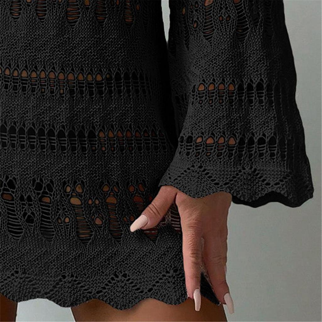 Women Crochet Beach Dress Bathing Suit Cover Up Female Long Sleeves Beach Cover Up Hollow Out Swimsuit Cover Up