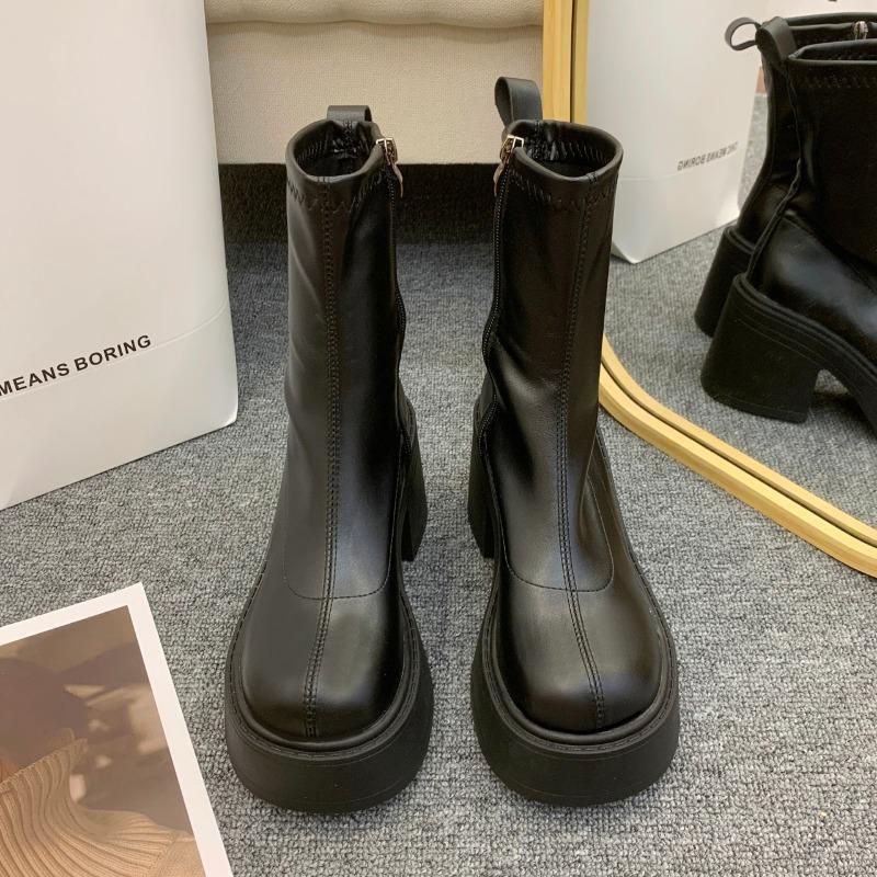 Women's Thick Sole Ankle Boots Thick Heel Round Head Side Zip Platform Shoes Square Heel Winter Outdoor Leisure Motorcycle Boots
