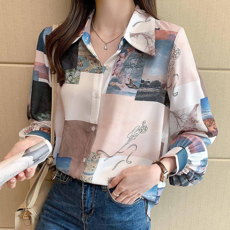 Vintage Fashion Printing Long Sleeve Shirt Women's Clothing Spring Korean Turn-down Collar Single-breasted Casual Blouses