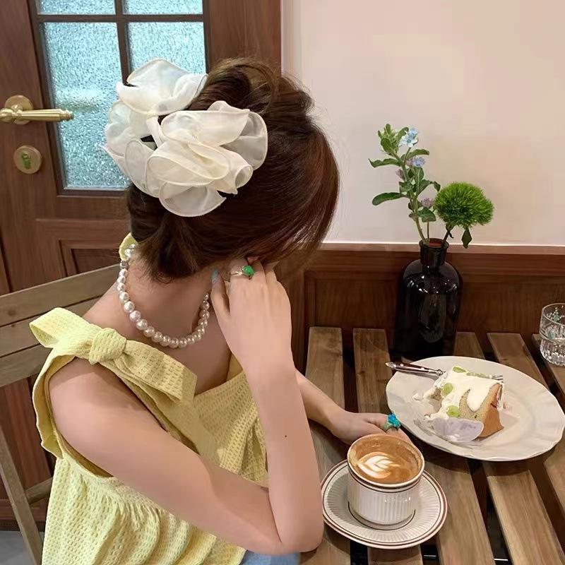 

Элегантная корейская сетчатая заколка для волос в виде цветка — большой, высококачественный, модный аксессуар для затылка кремовый/белый