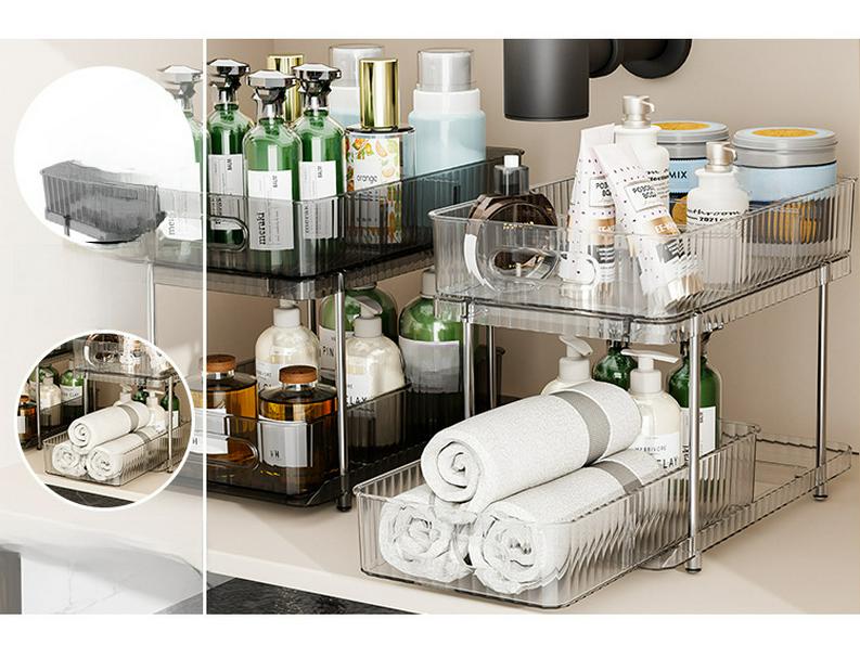 Double-Layer Pull-Out Cosmetic & Kitchen Storage Rack with Transparent Drawers