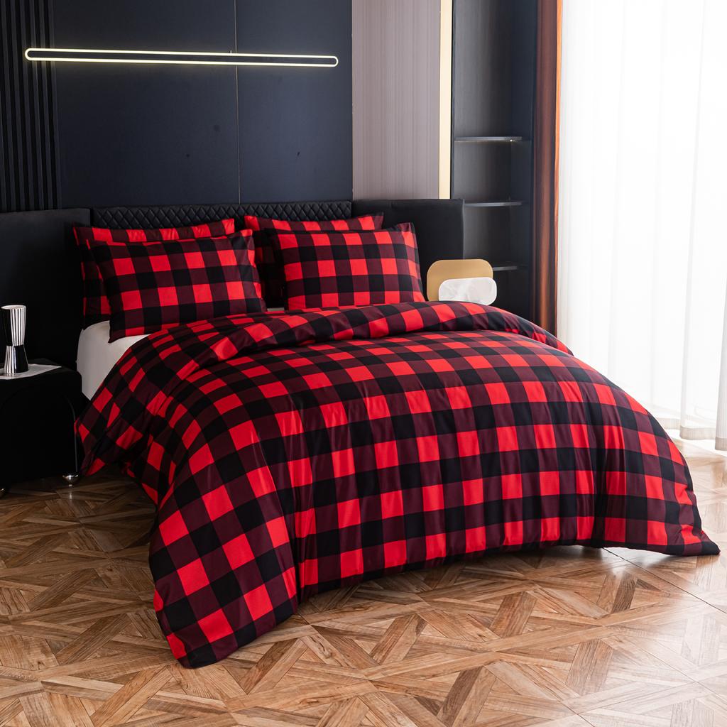 Capa de edredom, vermelho e preto, padrão de xadrez de búfalo, estampa reversível, conjuntos de edredom de microfibra, roupa de cama moderna para mulheres e homens