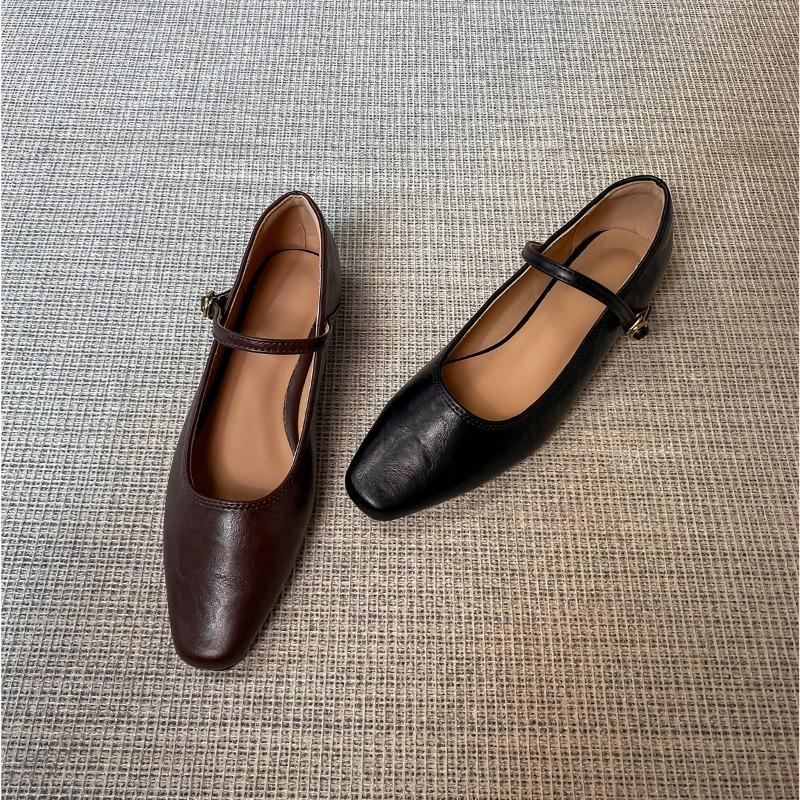 Washed cowhide~ Retro ballet flat-soled single shoes women's leather folds with Mary Jane shoes temperament low heel