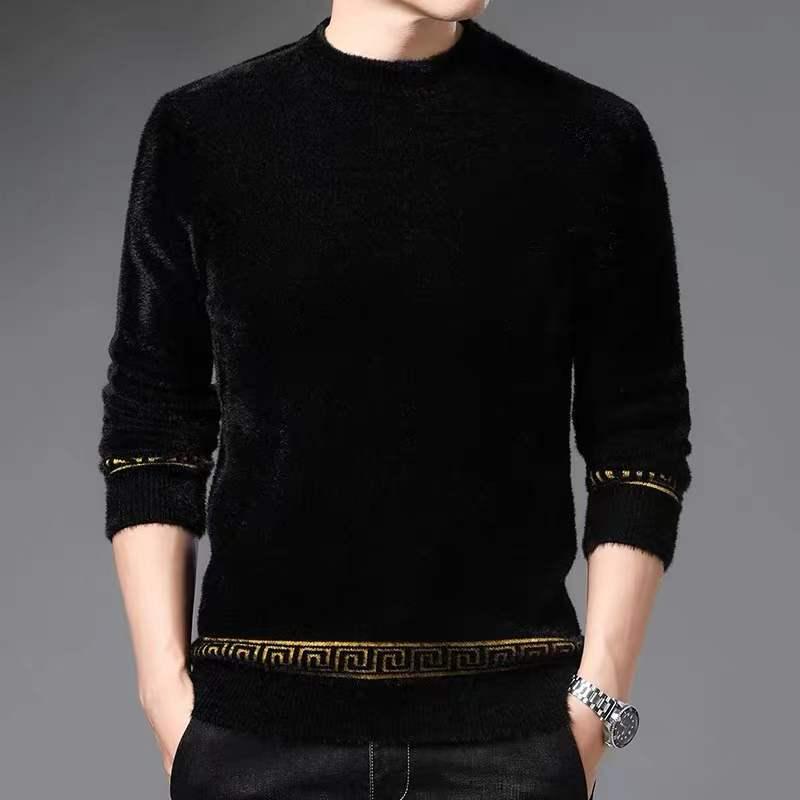 Men's European Jacquard Trend Crew Neck Faux Mink Cashmere Slim Fit Sweater