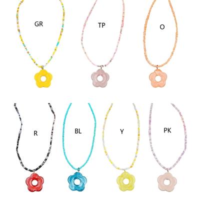 Acrylic Beaded Necklace with Colorful Flower Charm Adjustable Lock Collarbone Chain Hollow Out Pendant Neck Chain Choker