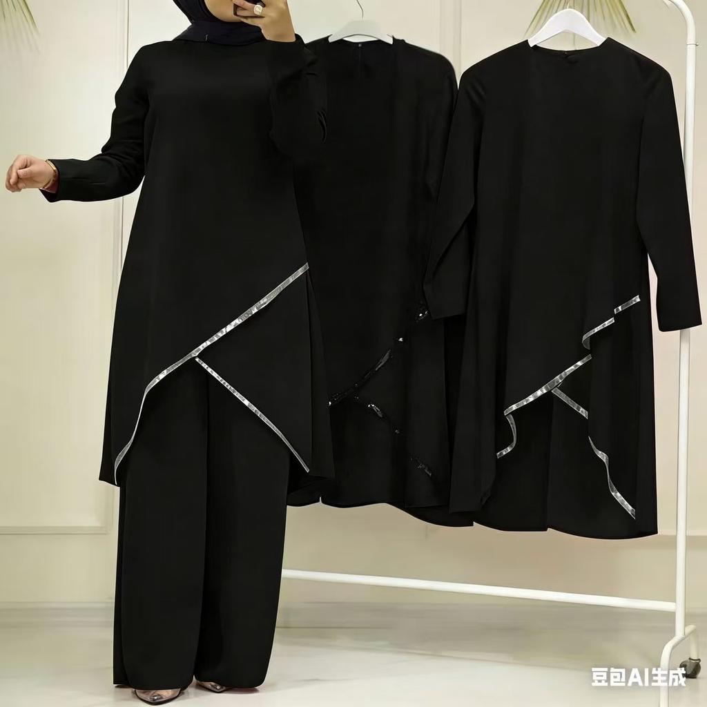 Women Solid Long Sleeve Irregular Tunic Wide Leg Pants Two Piece Set Shiny Trim Modest Muslim Outfit Middle East Southeast Asia Spring Casual Suit