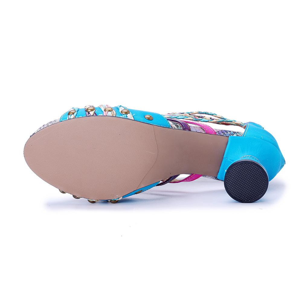 Johnature Ręcznie robione sandały damskie na wysokim obcasie z prawdziwej skóry, plecione, w stylu bohemy, ażurowe