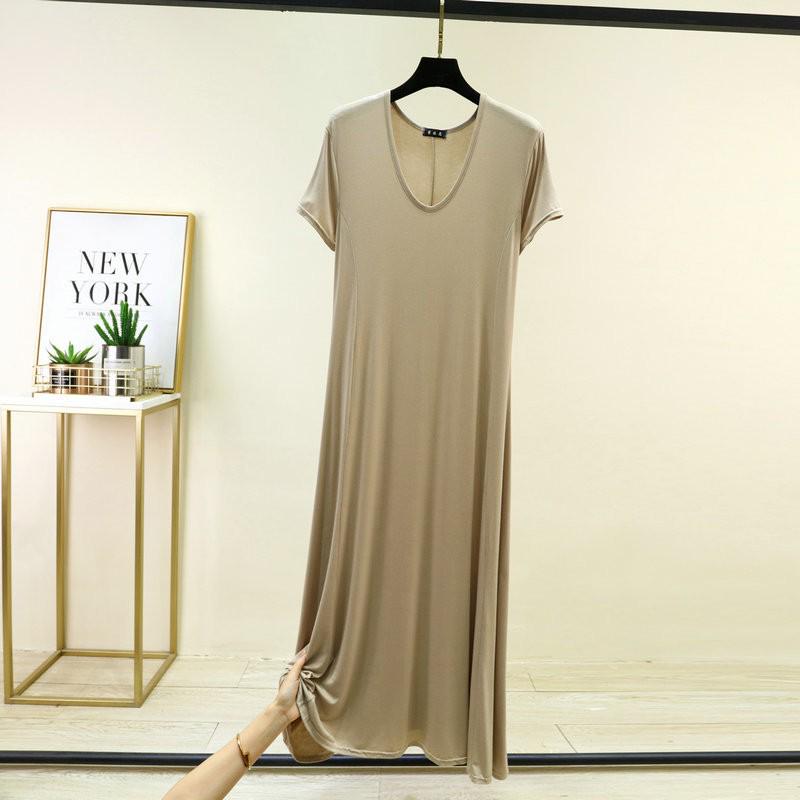 Loose V-Neck Short-Sleeve Modal Nightdress for Plus-Size Women - Spring/Summer Long Slit Skirt Style