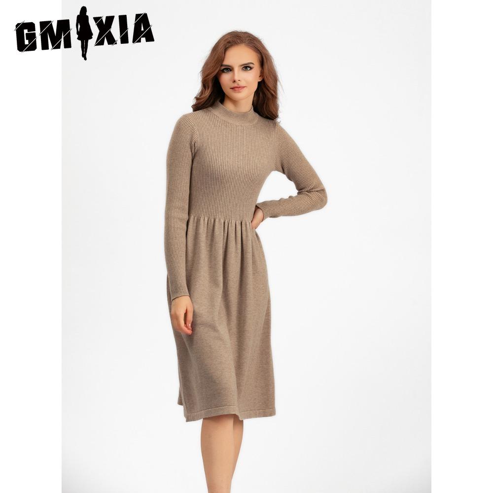 GMXIA Moda dama primavara toamna imprimeu culoare solida maneca lunga talie inalta rochii casual