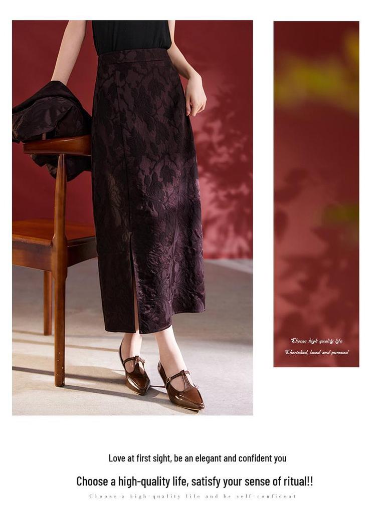 Autumn 2025 Women's Silk Jacquard Retro Slit Bodycon Midi Skirt