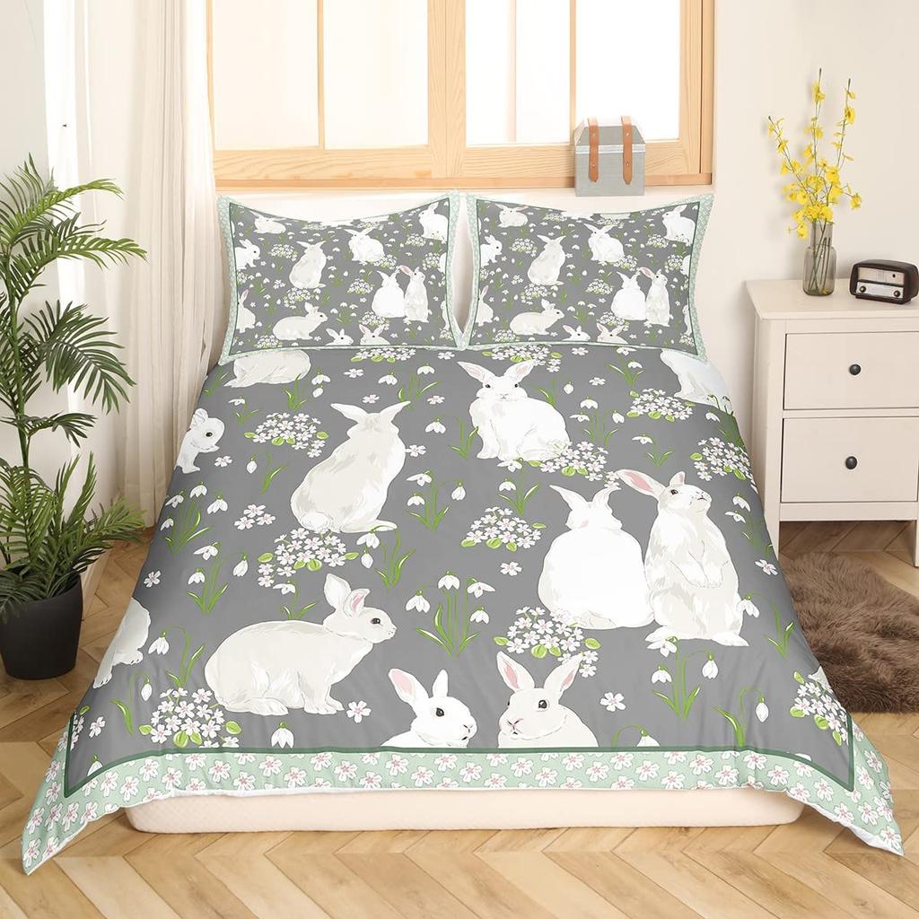 Rabbit Print Kids Girls King Queen Duvet Cover Cartoon Pink Little Bunny Comforter Cover Animal Floral Polyester Bedding Set