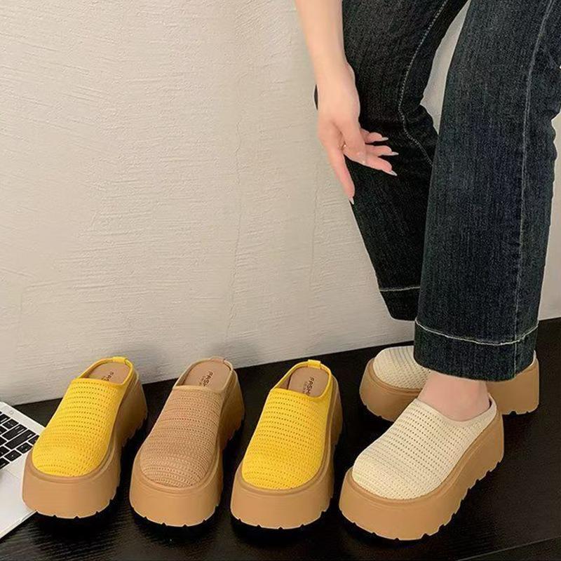 Thick-soled high-heeled mesh bag head half slippers, women's summer wear new one-pedal single shoes, cool slippers