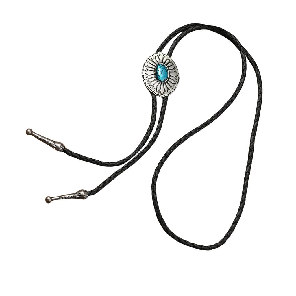 Men's Braided Leather Cord Bolo Tie with Metal Flower Adjustable Chain Necktie Necklace for Western Fashion Enthusiasts