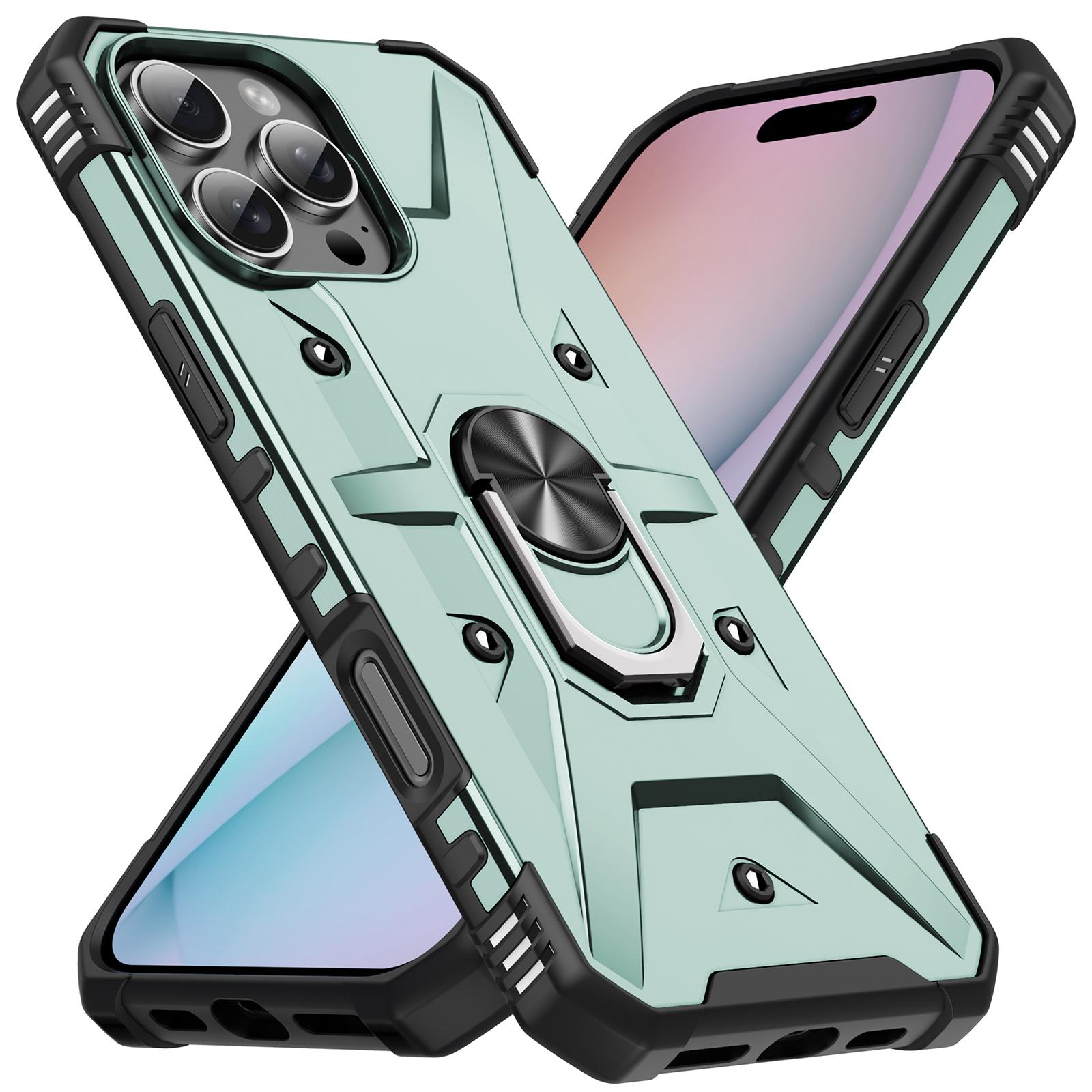 

For iPhone 16 Pro Case PC+ TPU Anti-Drop Phone Cover with Ring Kickstand Dark Green