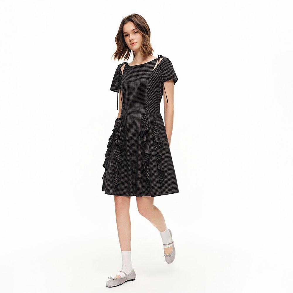 Eiaenlei Ar_Check Ruffle Cut-Out Dress
