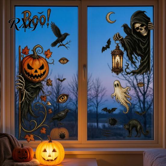 Removable Static Window Clings 6Pcs Halloween Stickers, Ghost Pumpkin Grim Reaper Wall Decals, Large Decorative Scene Murals Self-Adhesive Waterproof