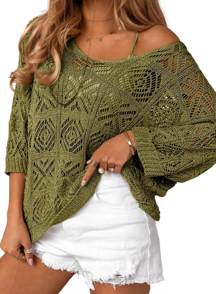 Spring/Summer 2025 Crochet Hollow Seven-Sleeve Off-the-Shoulder Pullover Sweater for Women