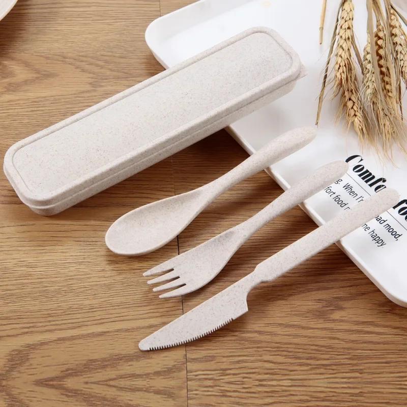 Travel Cutlery Portable Cutlery Box Student Dinnerware Sets Kitchen Tableware 3pcs/set Japan Style Wheat Straw Knife Fork Spoon
