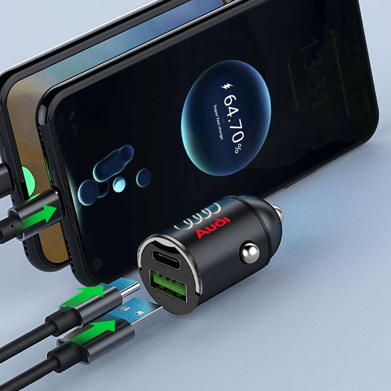 Mini Car Charger 12-24V Lighter Fast Charging Car USB Type C Charger For Audi TT Q3 Q5 Q7 Q8 B5 B6 B7 B8 B9 Q7 8P 8V 8L A3 A4 A5 A6 A7 A8 8L R8