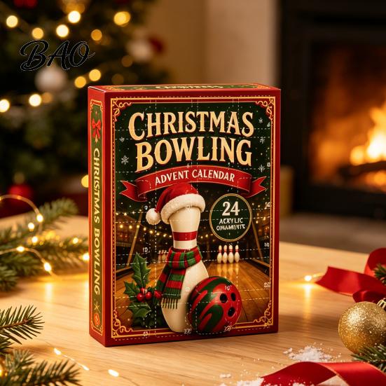 Indoor Festive Wall Hanging Decor Christmas Advent Calendar with 24 Acrylic Pendants, 2D Flat Bowling Theme Unique Gifts for Bowlers Ornaments Holiday