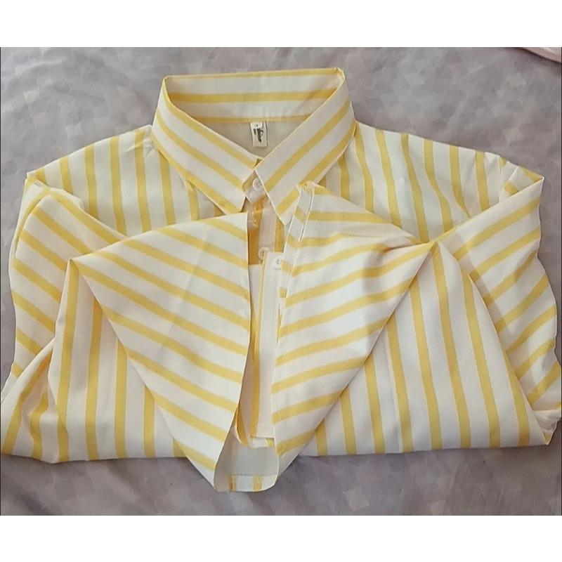 Elegante Camicia a Righe Verticali Gialla e Bianca da Donna, Blusa Primaverile con Protezione Solare, Camicia da Spiaggia Solare