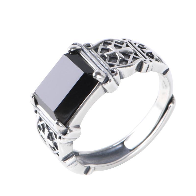 Yintai Versatile Unisex Thai Silver Black Agate Adjustable Ring - Trendy Retro Jewelry Ornament