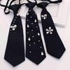 Rhinestones Embellished Necktie for Women Men Student Elegant Pre Tied Adjustable Black Ties for Uniform School Shirt