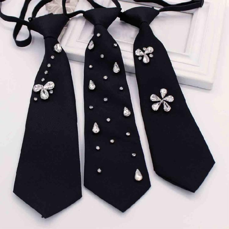 Rhinestones Embellished Necktie for Women Men Student Elegant Pre Tied Adjustable Black Ties for Uniform School Shirt