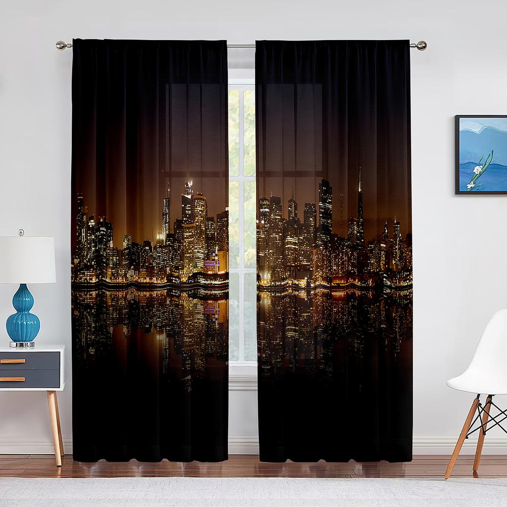 San Francisco Bay Bridge Stadsbild Skir Voilegardin USA Stad Natt Skyline Sceneri Utsikt Transparent Chiffong Tyllgardiner